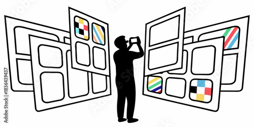 Silhouette of a person taking a photo of multiple frames with different designs and empty spaces around