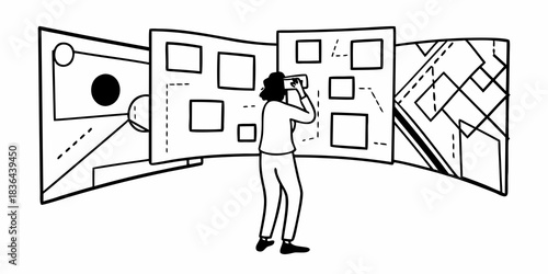 Person photographing abstract art panels in a gallery with a smartphone in a black and white drawing