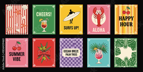 Vintage summer themed posters with cocktails, fruits, and beach elements drink