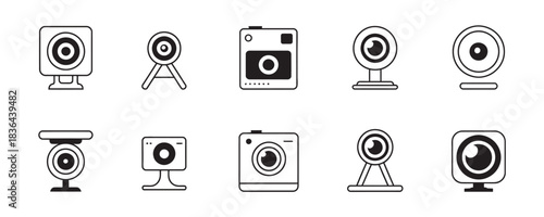 Collection of modern line art webcam icons perfect for video conferencing and technology interfaces