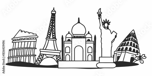 Illustration of world landmarks including the eiffel tower statue of liberty and taj mahal in black and white