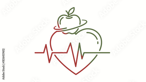 Heart health and nutrition concept with apple and heartbeat line.