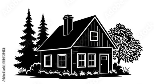 Rustic Cabin Illustration for Real Estate Lodging Vacation Home Design Branding