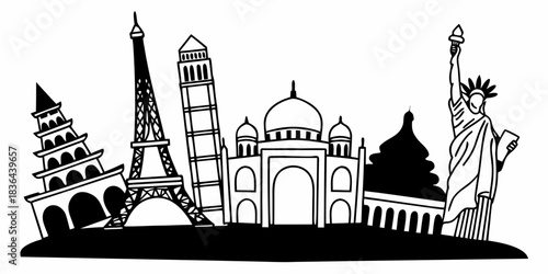 Silhouette of world landmarks including eiffel tower leaning tower and statue of liberty on a horizon