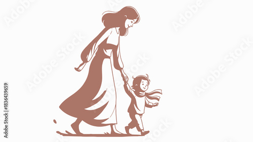 Illustration of a mother holding her childs hand while walking.