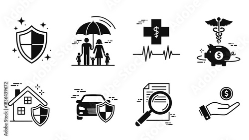Insurance Coverage Icons - Protection for Family, Health, Home, and Finances.