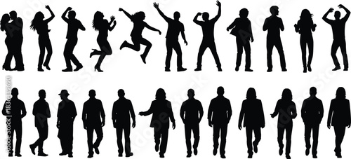Collection of people silhouettes in different poses, including dancing, jumping, cheering, and casual walking, representing a diverse group celebrating or 
