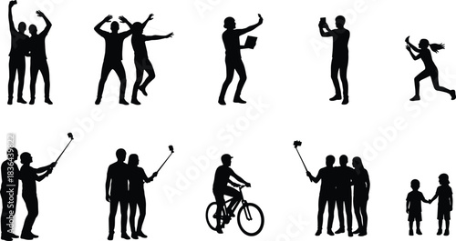 Mega Silhouette Collection: People Taking Selfies, Photos, and Group Shots with Smartphone, Selfie Stick, and Tablet, Social Media, Modern Life, Isolated Vector Set.