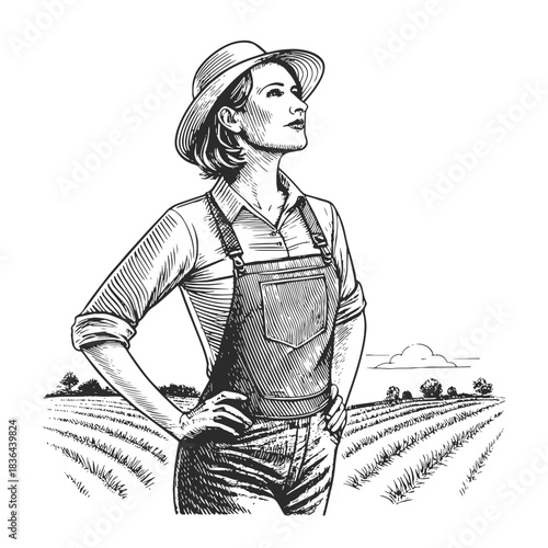 Vintage black-and-white vector illustration of a woman in work overalls and a hat standing in a field. Perfect for packaging, design, advertising agriculture, farming, and retro projects.
