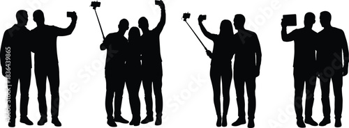 Silhouettes of People Taking Pictures, Friends and Couples with Mobile Phone and Tablet, Selfie Stick Usage, Social Network, Contemporary Photography Trend, Isolated Vector Pack, Full Body.