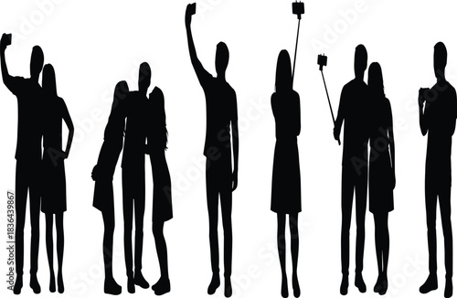 Group of Friends and Couples Silhouettes Taking Selfies, Modern Communication and Social Media, People with Smartphones and Selfie Sticks, Vector Set, Digital Photography Lifestyle Isolated.