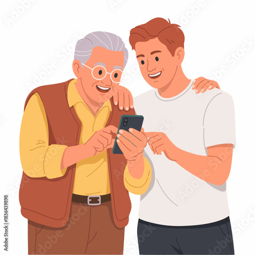 An elderly man and a young man are sharing a joyful moment while using a smartphone, showcasing the joy of technology bridging generational gaps and facilitating connection.