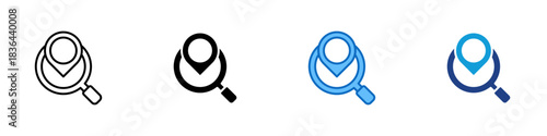Location Search Multiple Style Icon Design Vector - circular map marker inside magnifying glass representing location searching, tracking, and discovery