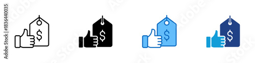 Price Approval Multiple Style Icon Design Vector - thumbs up beside price tag with a dollar sign, showing a positive agreement toward cost or value