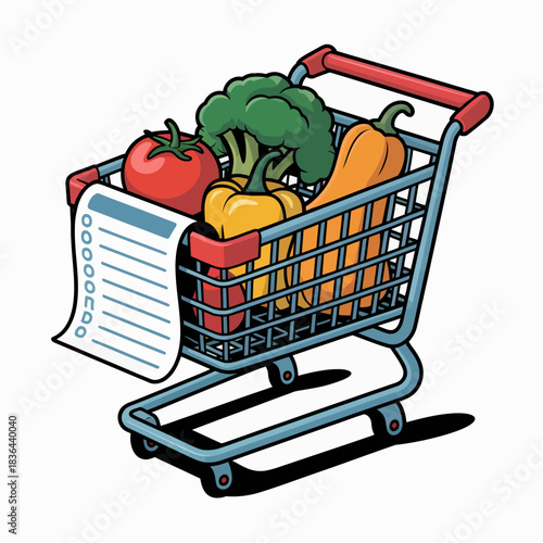 A shopping cart is packed with fresh vegetables like tomatoes and broccoli, representing healthy eating and grocery shopping for a nutritious lifestyle.