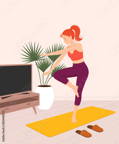 This image beautifully captures a woman in a yoga pose at home, signifying the importance of mindfulness, balance, and self-care in daily life and personal wellness.