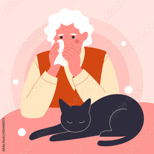 An elderly person sits with tissues, deeply in thought, while a serene black cat sleeps quietly beside them, creating a poignant atmosphere of companionship and reflection.