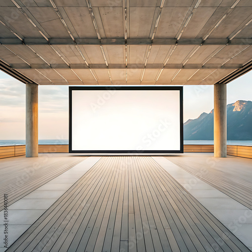 Modern outdoor cinema screen facing a scenic ocean sunset view
