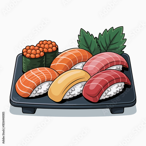 An appetizing sushi platter featuring a colorful variety of sushi types, ideal for food lovers and representing the rich cultural heritage of Japanese cuisine and culinary artistry.
