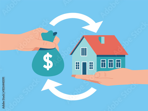Real Estate Transaction and Mortgage Concept Vector: House and Money Exchange