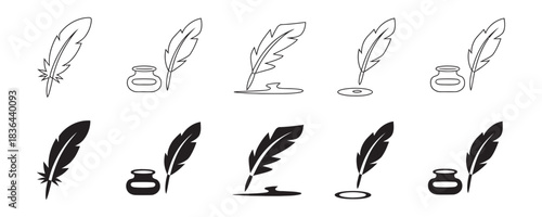 Elegant collection of antique quill pen and inkwell icons showing writing history in outline and solid styles