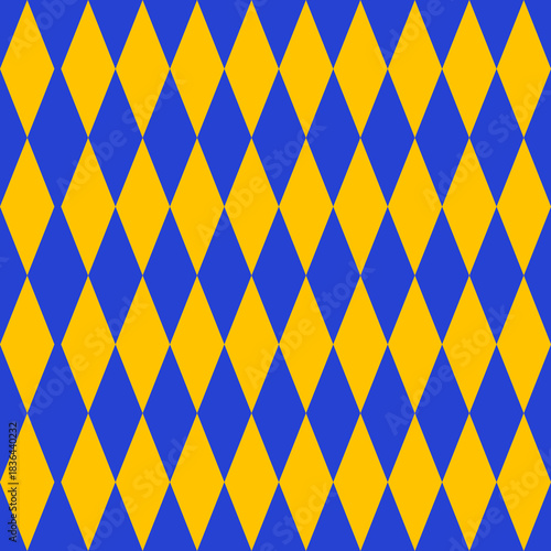 A bright and bold seamless Argyle diamond pattern in blue and yellow. This vibrant geometric background is ideal for fashion, digital art,textiles,eye-catching graphic design projects.