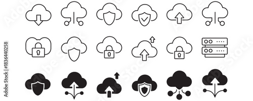 Essential cloud computing icons showing secure data storage transfer upload download and server management