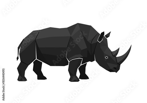 Lowpolygon dark gray rhinoceros illustration on a white background