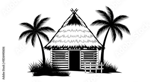 Tropical Beach Hut Vacation Getaway Icon Palm Trees Rustic Island Travel Tourism Design