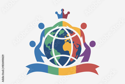 A vibrant logo depicting a diverse group of people united around a rainbow-colored globe, topped with a crown and a matching banner, symbolizing global unity and diversity.