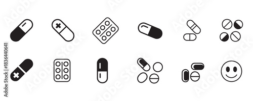 Essential monochrome medicine icons showing pills capsules and blister packs for healthcare design projects