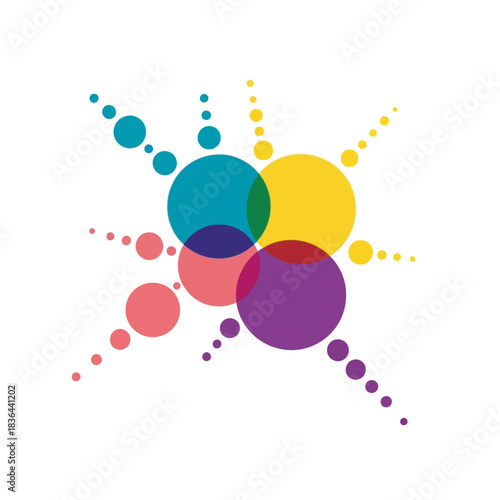 Vibrant and dynamic abstract illustration featuring a constellation of colorful overlapping circles and dots radiating outwards, symbolizing connection, innovation, and unity