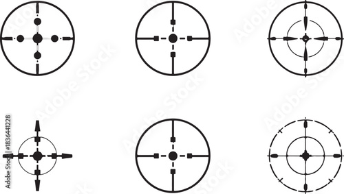 Assortment of six circular crosshair and targeting reticle icons with varied styles