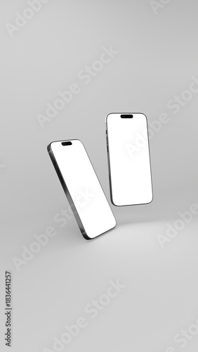 Two mobile phones showing blank screen on light gray background. Empty display for mockup. 3D rendering high resolution 8K.
