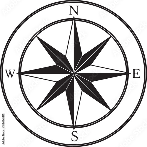 Black and white compass rose with cardinal directions NSEW and eight point star on white background