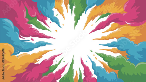 A dynamic and colorful burst of powder paint clouds creating a radial frame for the happy Holi festival celebration