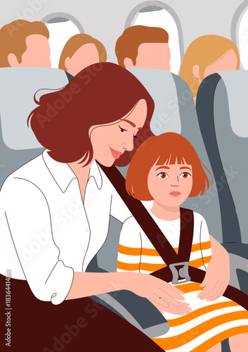 A touching illustration depicts a caring mother comforting her daughter aboard an airplane, emphasizing safety and familial love during travel experiences together.