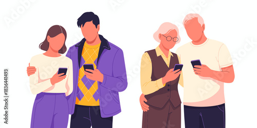 This illustration captures a diverse group of people, including young and older adults, engrossed in their smartphones, reflecting modern connectivity and social interactions.