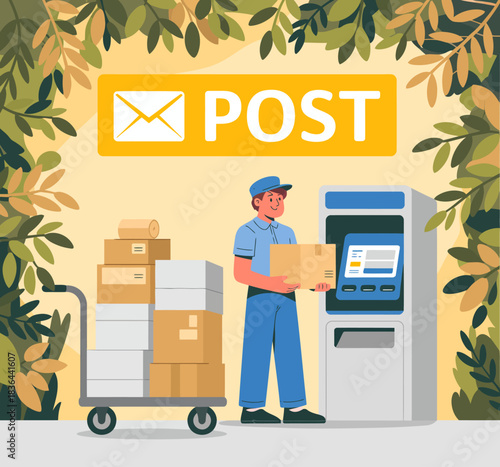 A cheerful postal worker stands in front of a self-service machine in a post office, ready to assist customers with their mailing and package shipping needs.