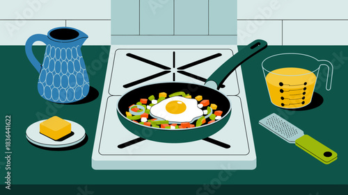 In this sleek kitchen scene, fresh vegetables and an egg are being prepared for an omelet, representing culinary creativity and the joy of cooking delicious meals at home.