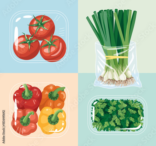 An appealing layout of fresh vegetables in clear packaging, featuring tomatoes, bell peppers, and green onions, emphasizing healthy cooking and nutrition.