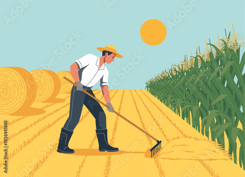A dedicated farmer using a rake in a golden wheat field under the sun, capturing the essence of agricultural life, hard work, and the connection to nature and harvest.