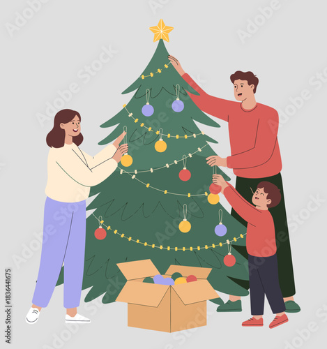 A heartwarming scene of a family joyfully decorating a Christmas tree together, capturing the spirit of togetherness and celebration during the festive season.