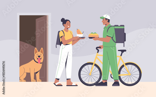 A delivery person hands food to a pleased customer at their door, showcasing the convenience of modern food delivery services and the joy of enjoying meals at home.