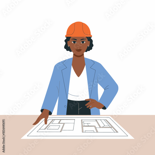A confident female architect in a hard hat studies a detailed architectural plan, showcasing her expertise and determination in the world of design and construction.