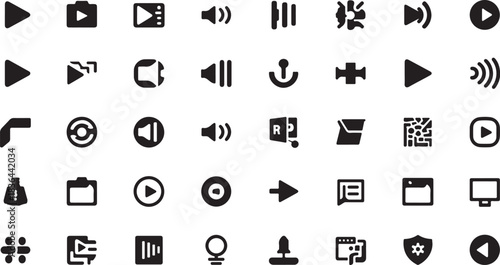 Collection of Black and White Multimedia and Interface Icons on White Background play button pause button