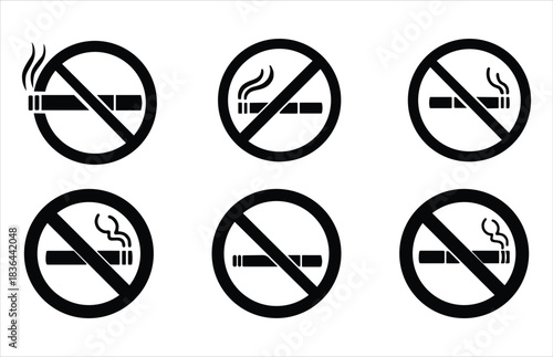 Black and white vector silhouette of a no smoking sign typically found in public buildings. A circular no smoking sign with a cigarette black silhouette.No Smoking icon No smoking, No smoking symbol. 