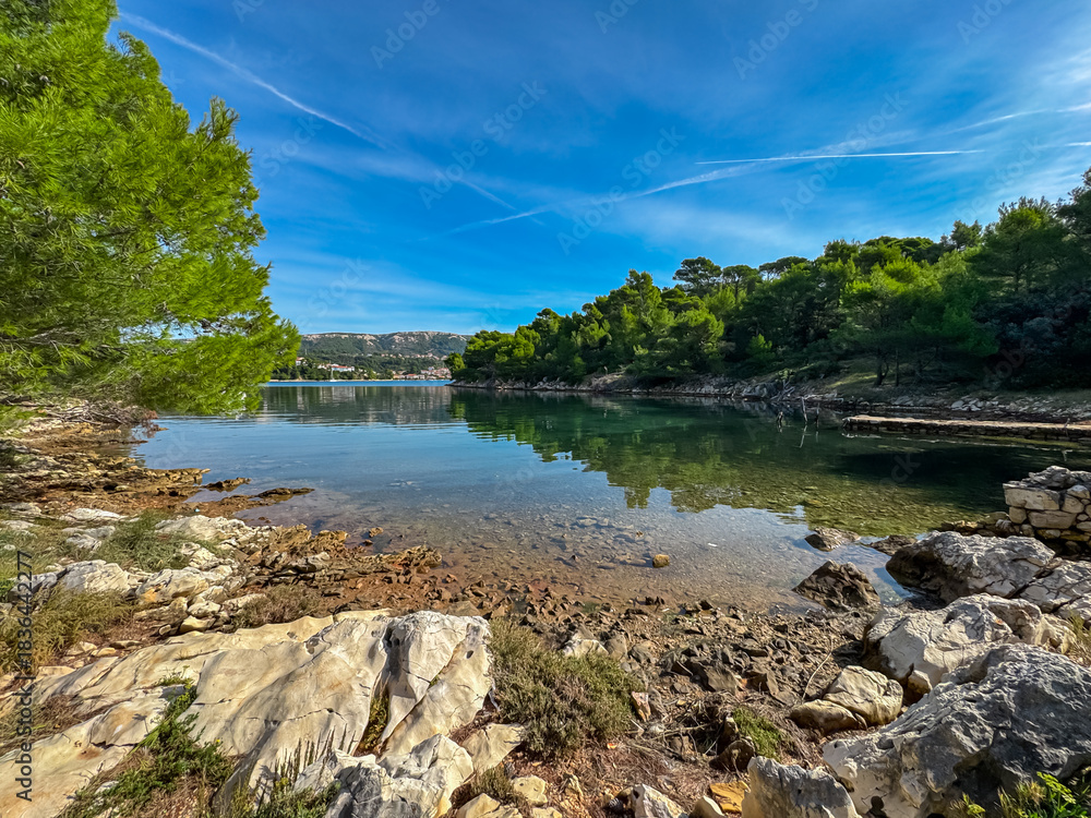 Fototapeta premium Tranquil cove featuring clear emerald water reflecting the surrounding pine forest, nestled within a rocky coastline under a bright blue sky on the scenic Rab Island in Croatia during summer.