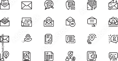 Collection of Outline Icons Representing Email Communication and Location Services envelope message