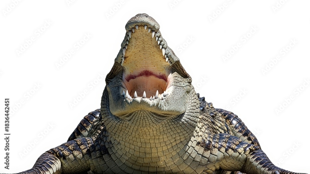 Obraz premium A large crocodile with its mouth wide open in an aggressive display, isolated on a white background.